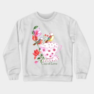 Cup of love, red and yellow birds on a pink floral cup Crewneck Sweatshirt